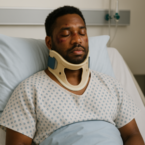 Car accident victim in hospital bed wearing neck brace after crash in Florida